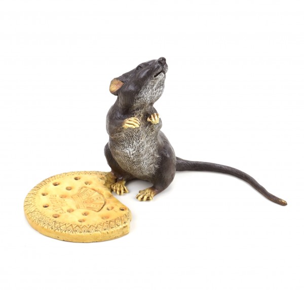 XXL Bronze Mouse With Biscuit - Hand-Painted Vienna Bronze - Decorative Figurine - Stamped